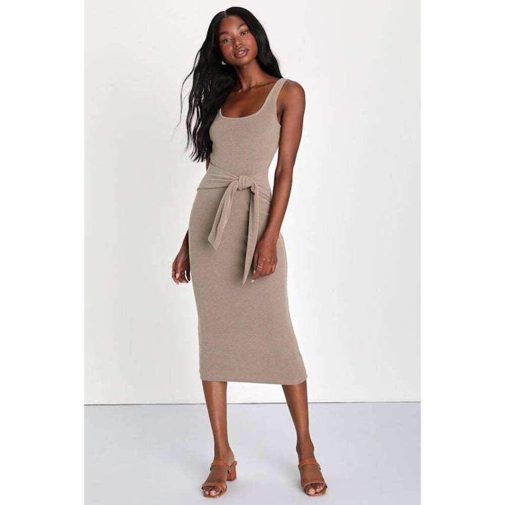 Lulus Optimistic Essence Taupe Ribbed Knit Tie-front Midi Dress - Size L